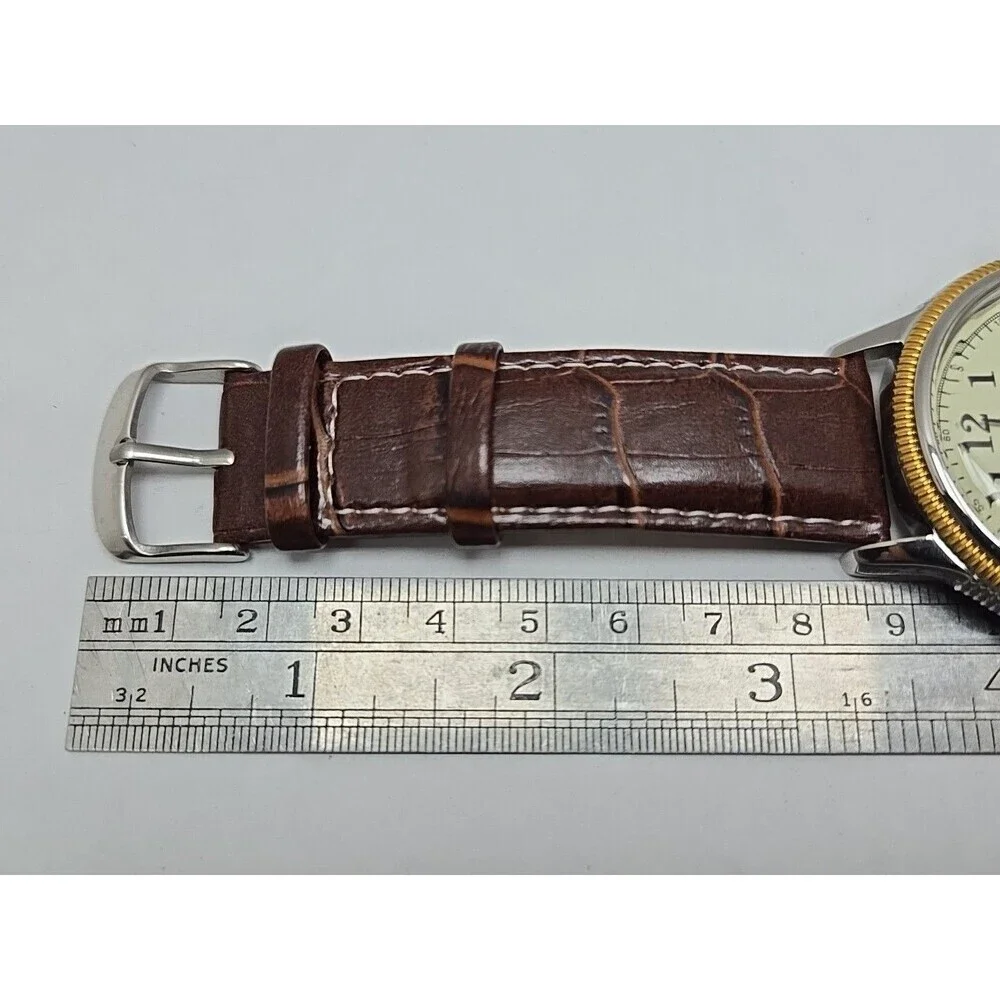 Armitron Mens Dress Watch Date Two Tone Coin Bezel Brown Leather New Battery